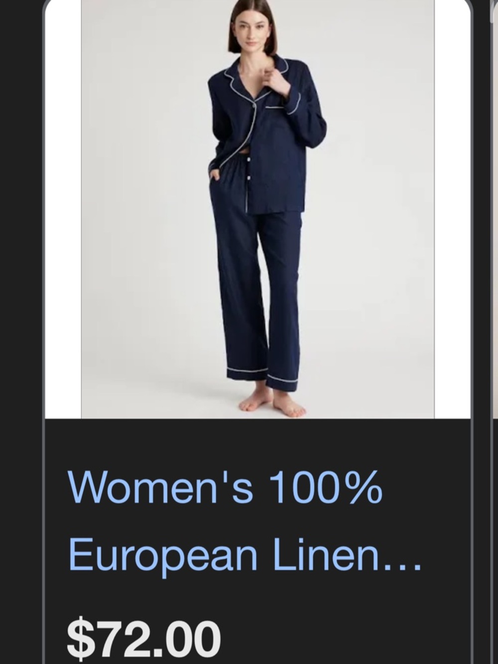 NWOT Women’s Navy Linen Pajama Set with Contrast Piping